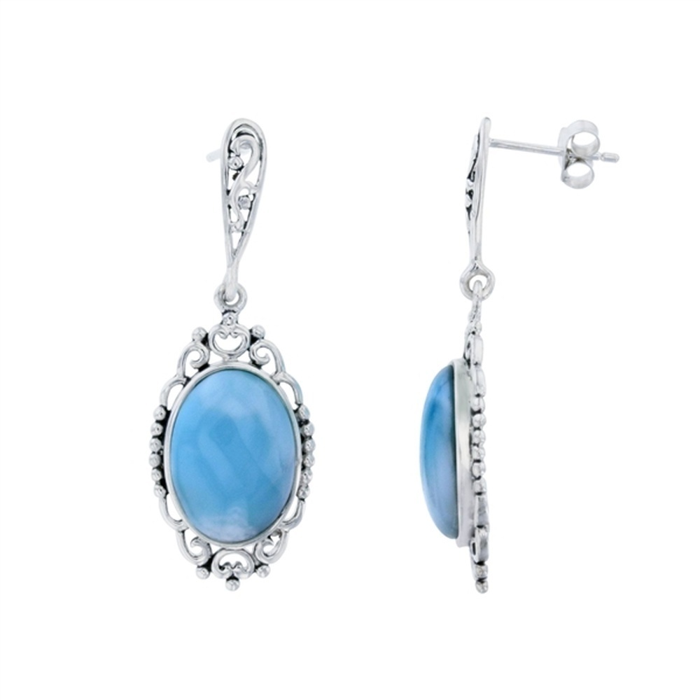 925 Sterling Silver Larimar Oval Shape Filigree Frame Earrings Post Back